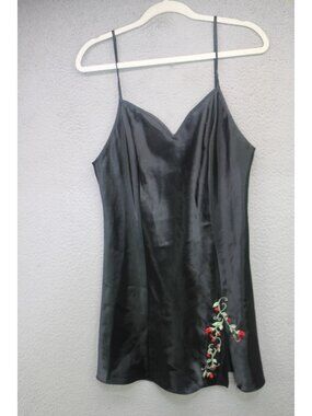 Delicates Black Satin Slip Dress/Gown-Medium-Slit-Embroidered-Sexy-Whimsigoth